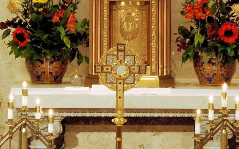 Jesus in the monstrance on the altar for adoration of the Blessed Sacrament